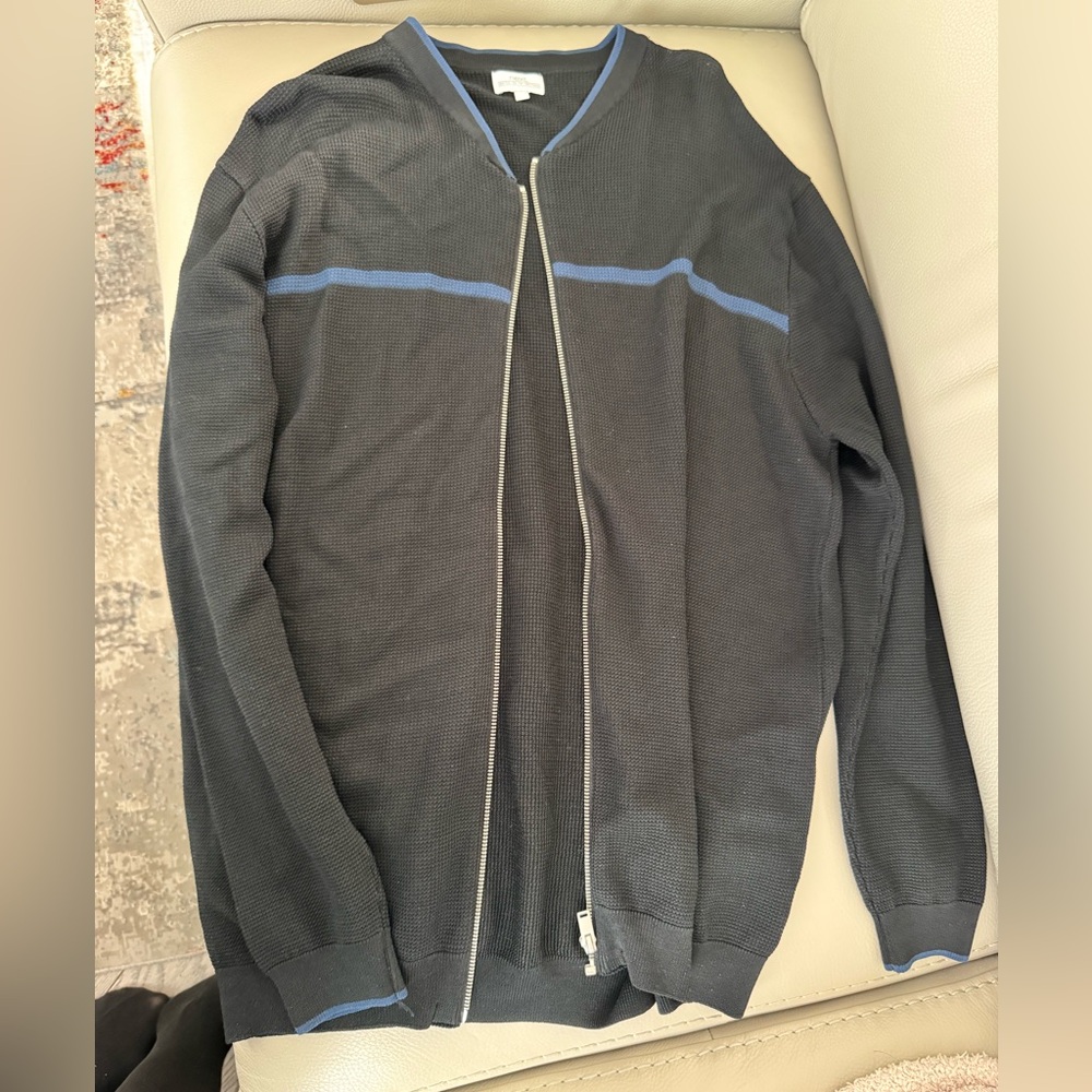 Men's Black Zip-Front Sweater with Blue Trim Next